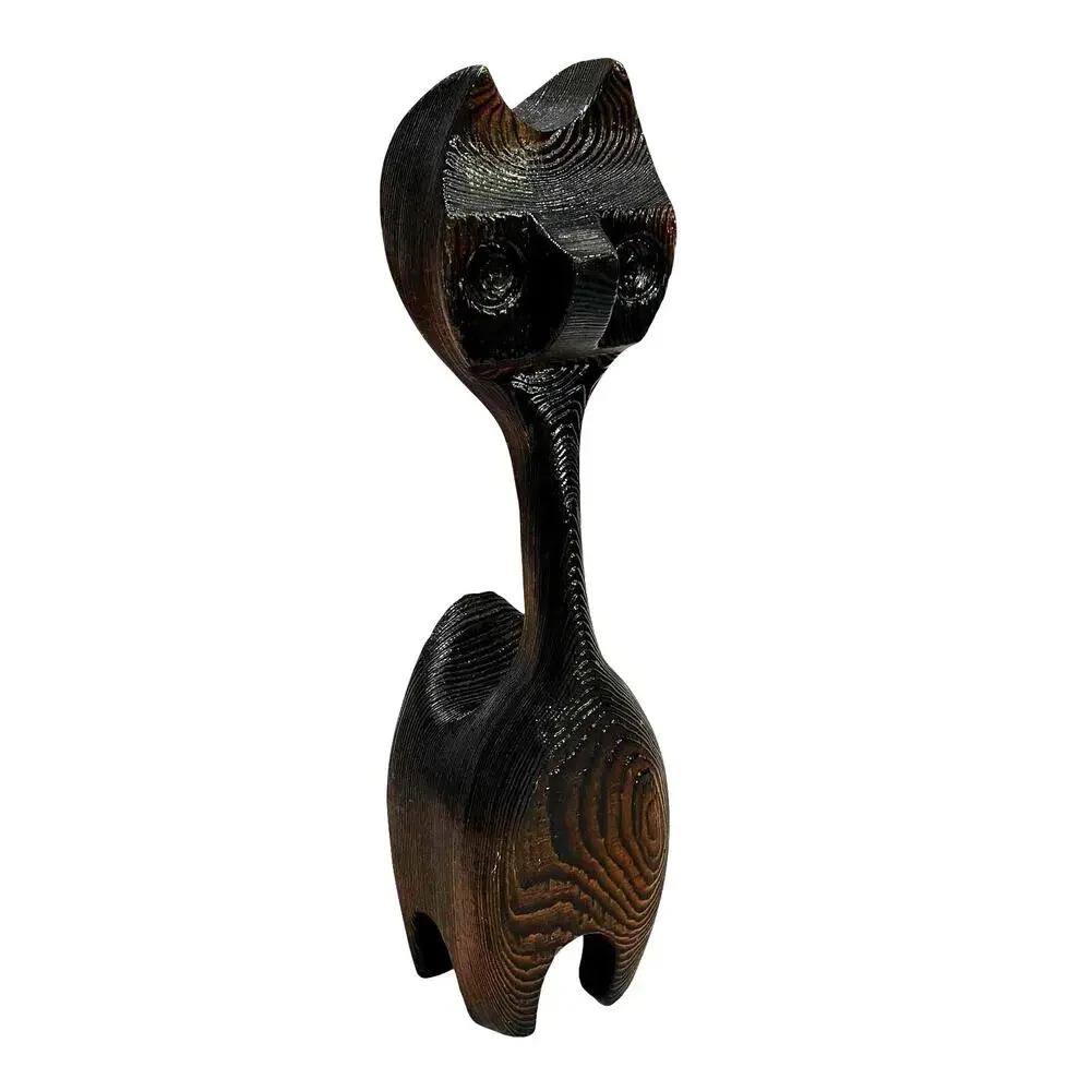 Unique vintage carved wood cat figurine 1970's dark brown textured wood grain